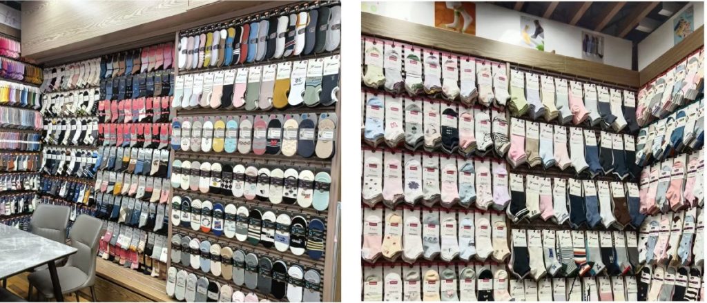 Winjet Import & Export Yiwu trade show booth, showcasing high-quality sock products for international buyers