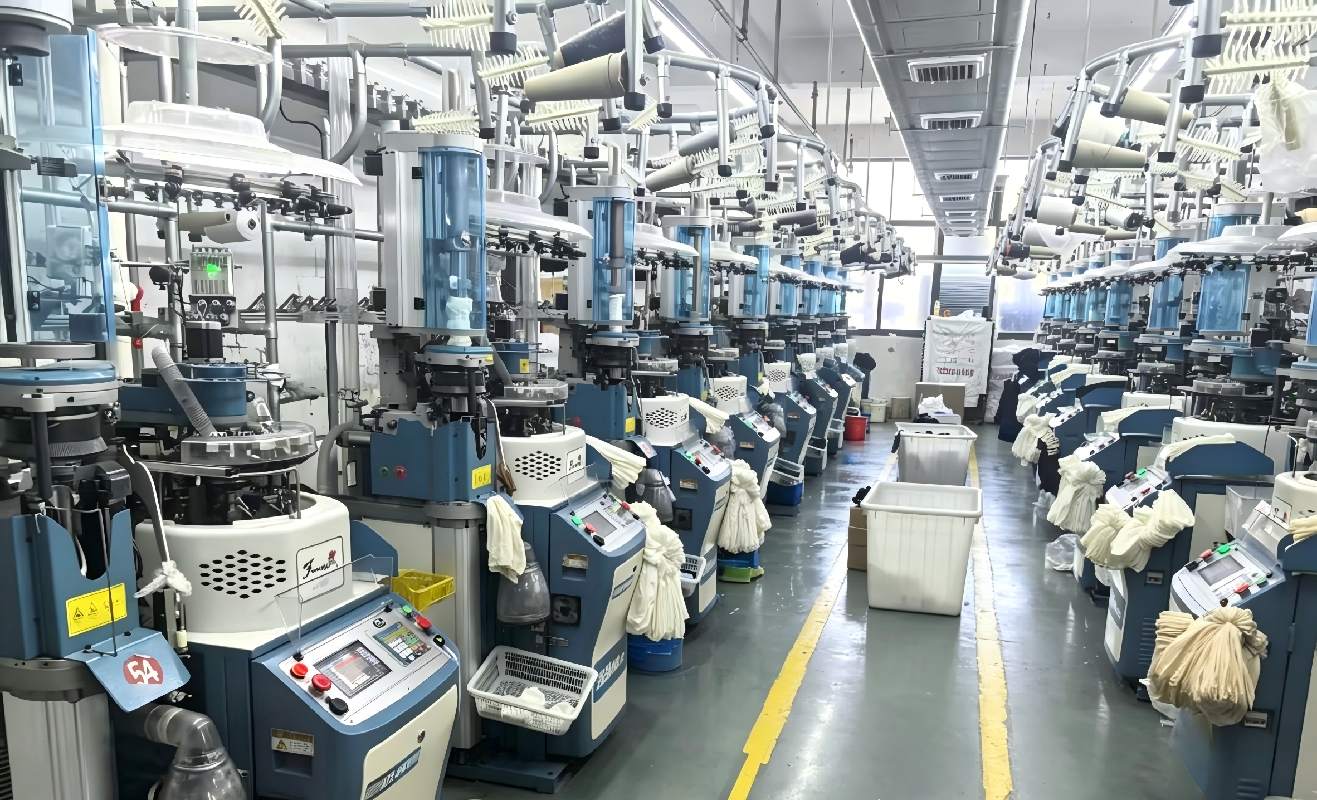 Winjet Socks family-owned sock knitting factory in Zhuji, China - full production line with advanced knitting machines